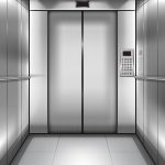 Realistic elevator cabin with closed doors inside view. Empty lift interior with chrome metal buttons and digital panel, office, hotel or dwelling indoors speedy transportation 3d vector illustration