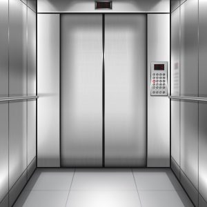 Realistic elevator cabin with closed doors inside view. Empty lift interior with chrome metal buttons and digital panel, office, hotel or dwelling indoors speedy transportation 3d vector illustration